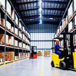 **Prompt:** A brightly lit warehouse interior. Forklifts are efficiently loading and unloading goods. Shelves are neatly organized. Workers are using handheld scanners. In the background, a large screen displays real-time inventory data. The scene conveys efficiency and organization, emphasizing the benefits of optimized warehouse processes.