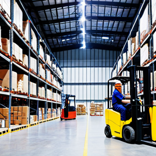 Home 4 **Prompt:** A brightly lit warehouse interior. Forklifts are efficiently loading and unloading goods. Shelves are neatly organized. Workers are using handheld scanners. In the background, a large screen displays real-time inventory data. The scene conveys efficiency and organization, emphasizing the benefits of optimized warehouse processes.