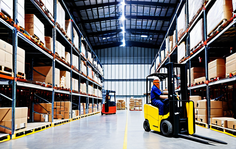 **Prompt:** A brightly lit warehouse interior. Forklifts are efficiently loading and unloading goods. Shelves are neatly organized. Workers are using handheld scanners. In the background, a large screen displays real-time inventory data. The scene conveys efficiency and organization, emphasizing the benefits of optimized warehouse processes.